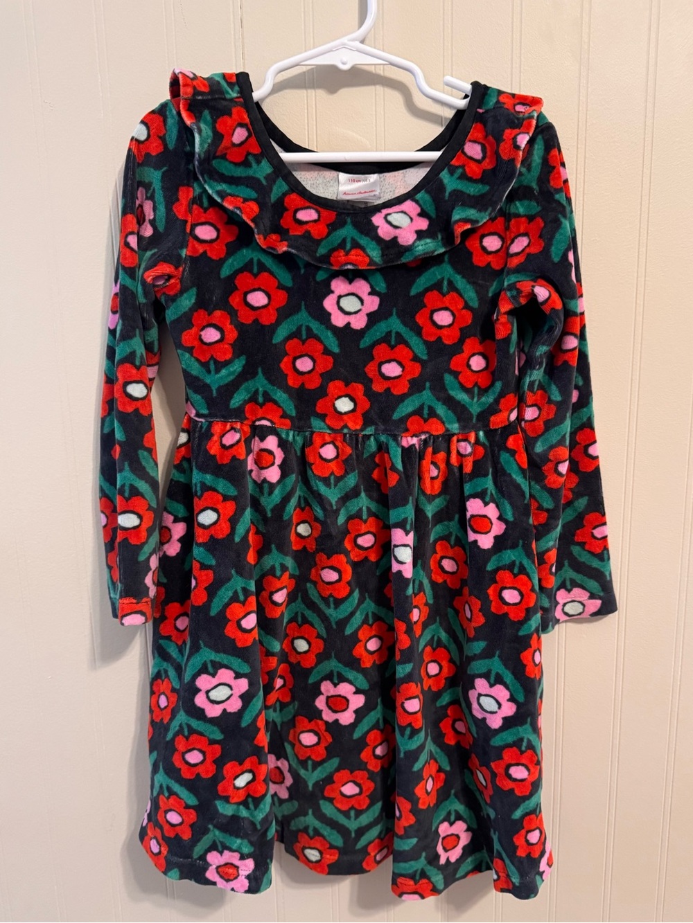 Hanna Andersson Black Floral Velvet Ruffle-Collar Long Sleeve Dress